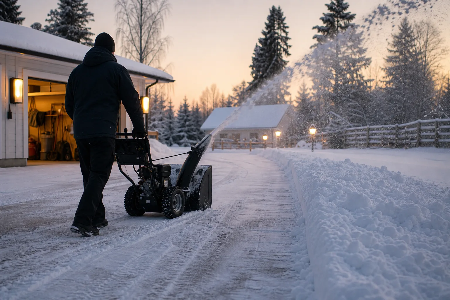 Tvåstegssnöslunga som röjer en kompakt plogvall på en bred uppfart