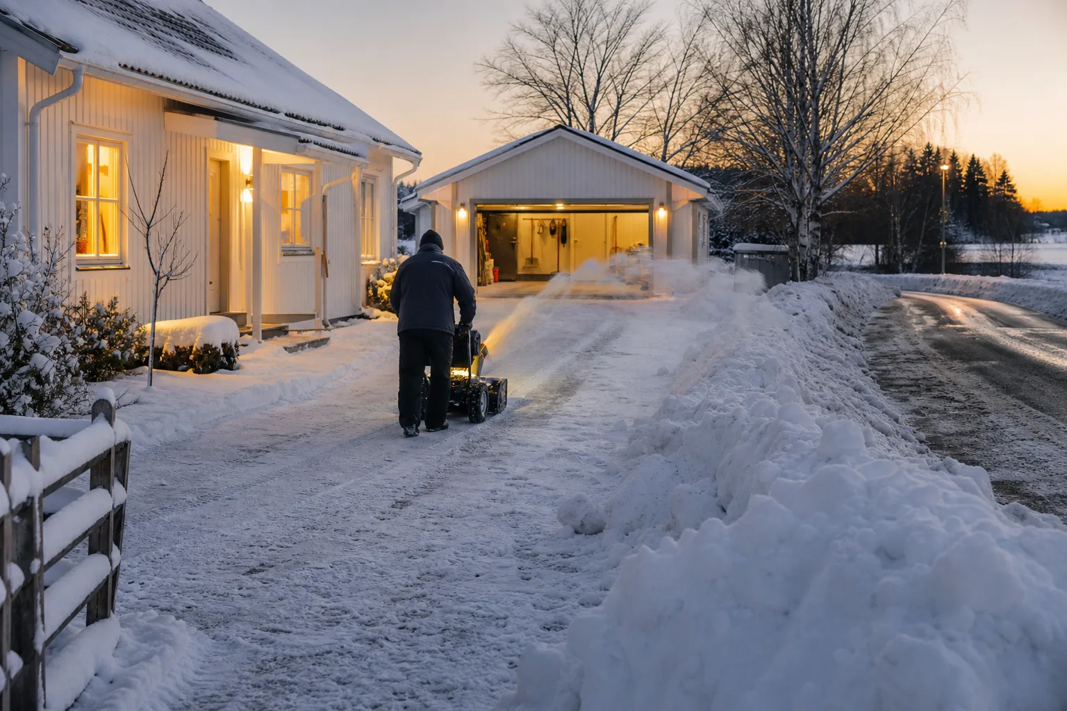 Snötäckt villauppfart med kort gång, längre körväg och plogvall