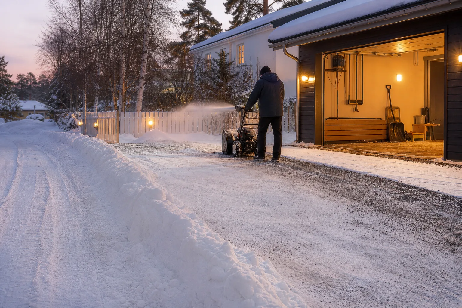 Vinteruppfart med fast mark, gruskant, nysnö och plogvall